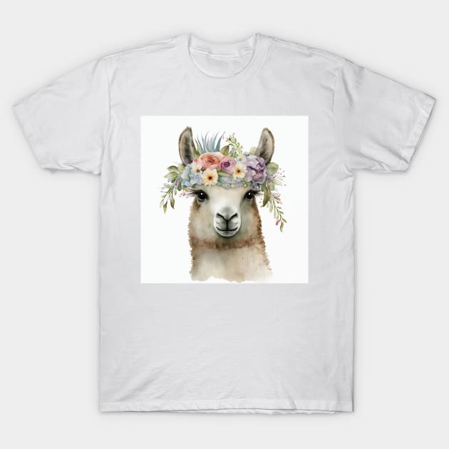 Single llama watercolor close up with flower headband crown T-Shirt by Danielleroyer